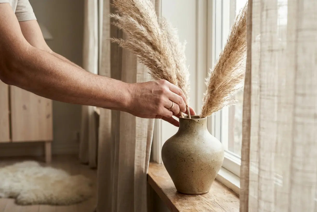 Hands arranging dried pampas grass in a handcrafted ceramic vase with natural linen curtains
