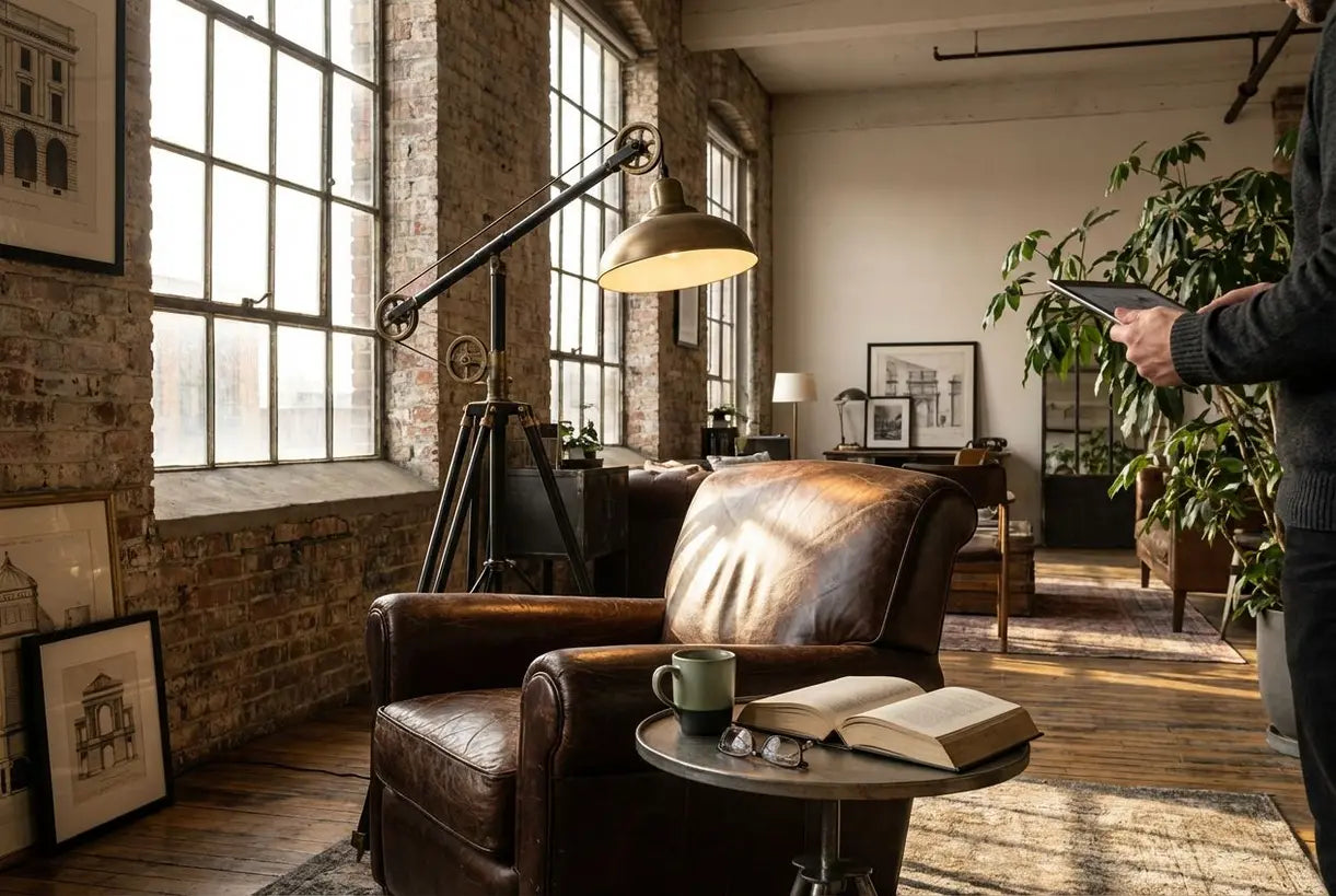 Industriële vloerlamp in moderne loft woonkamer met bakstenen muren en lederen meubels
