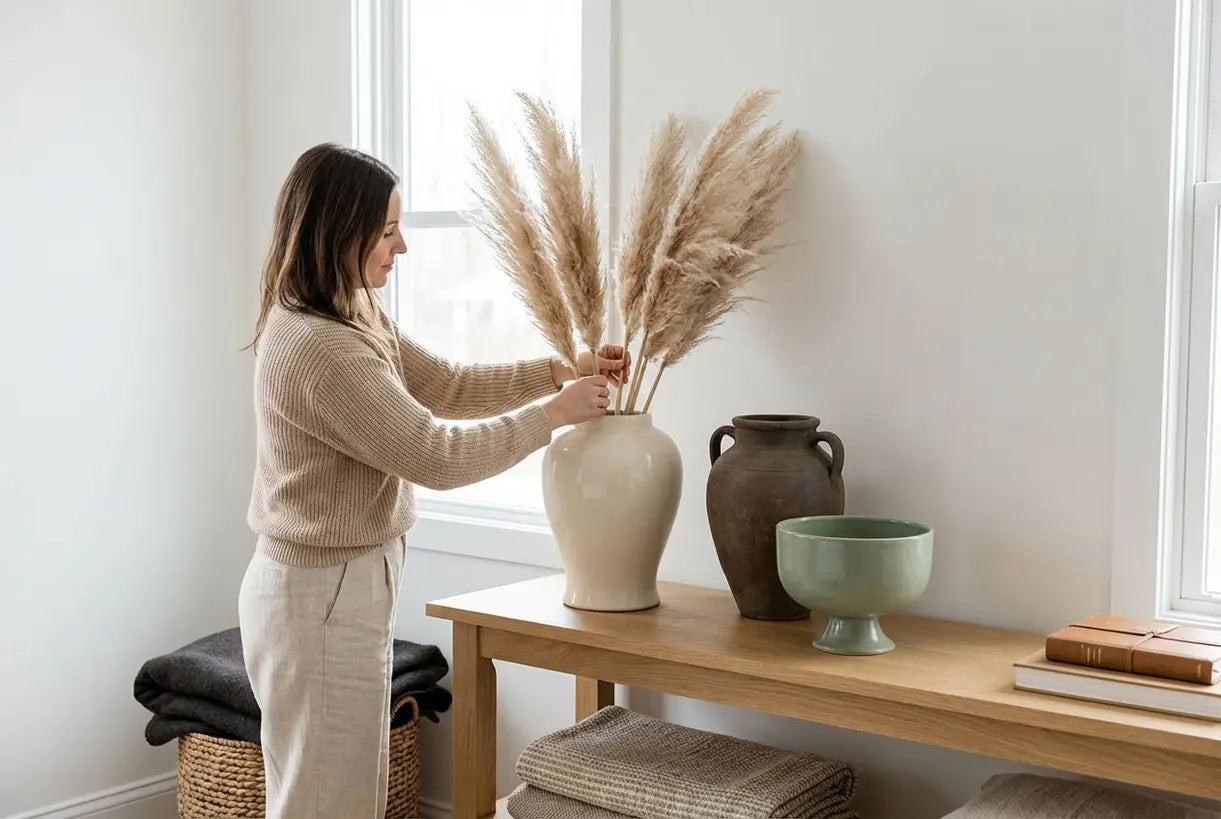 Elegantes Interieur mit Keramik-Urnenvasen in Amphoren-, Ingwergefäß- und Fußformen auf einem Konsolentisch ausgestellt