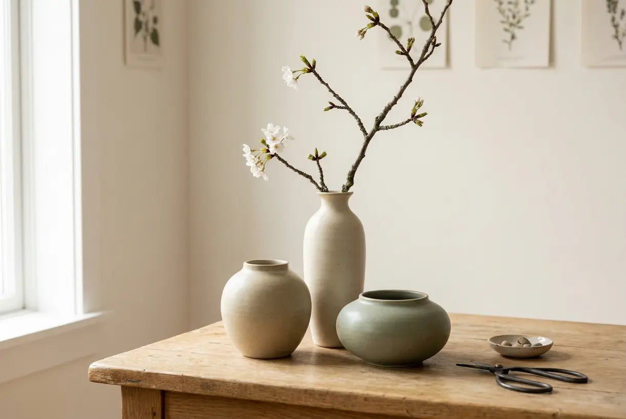 Japanse bloemenvazen gerangschikt voor Ikebana minimalistisch bloemstuk