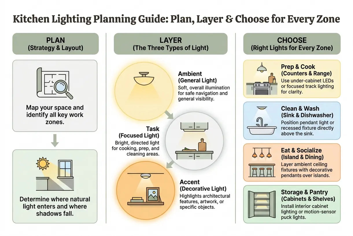 Kitchen Lighting Planning Guide: How to Plan, Layer & Choose the Right Lights for Every Zone - infographic