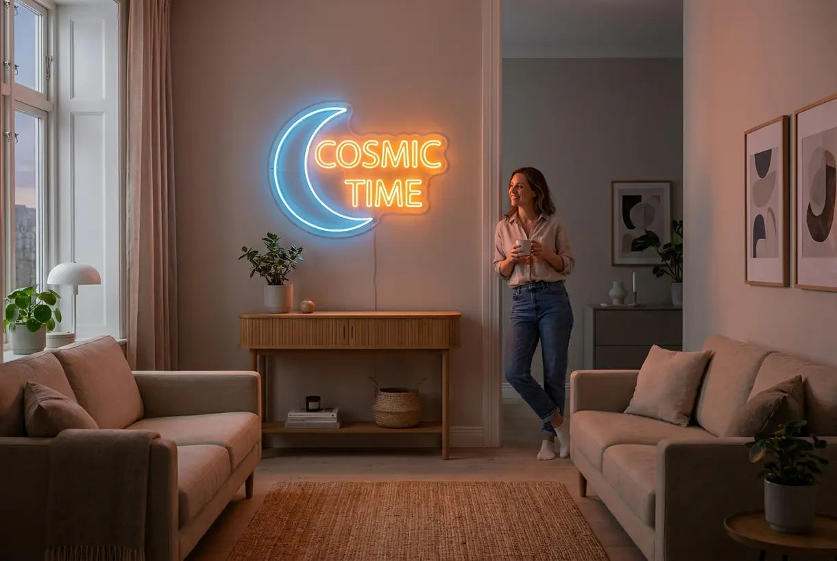 Person admiring neon wall clock in contemporary Scandinavian living room
